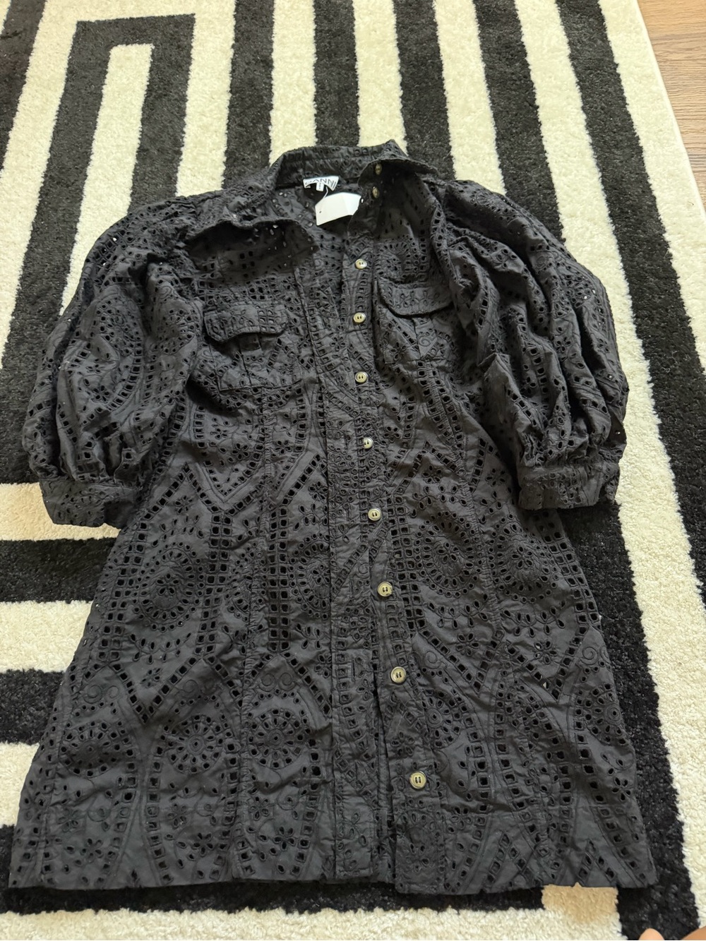 Ganni Black Eyelet Button-Front Trench Coat